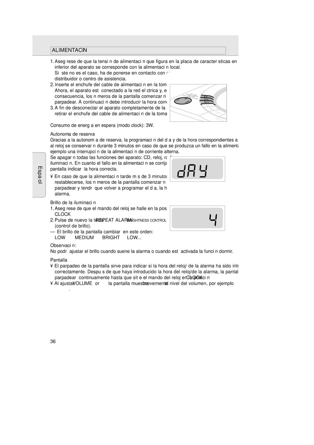 Philips AJ 3936 manual Alimentación, Autonomía de reserva, Brillo de la iluminación, Pantalla 