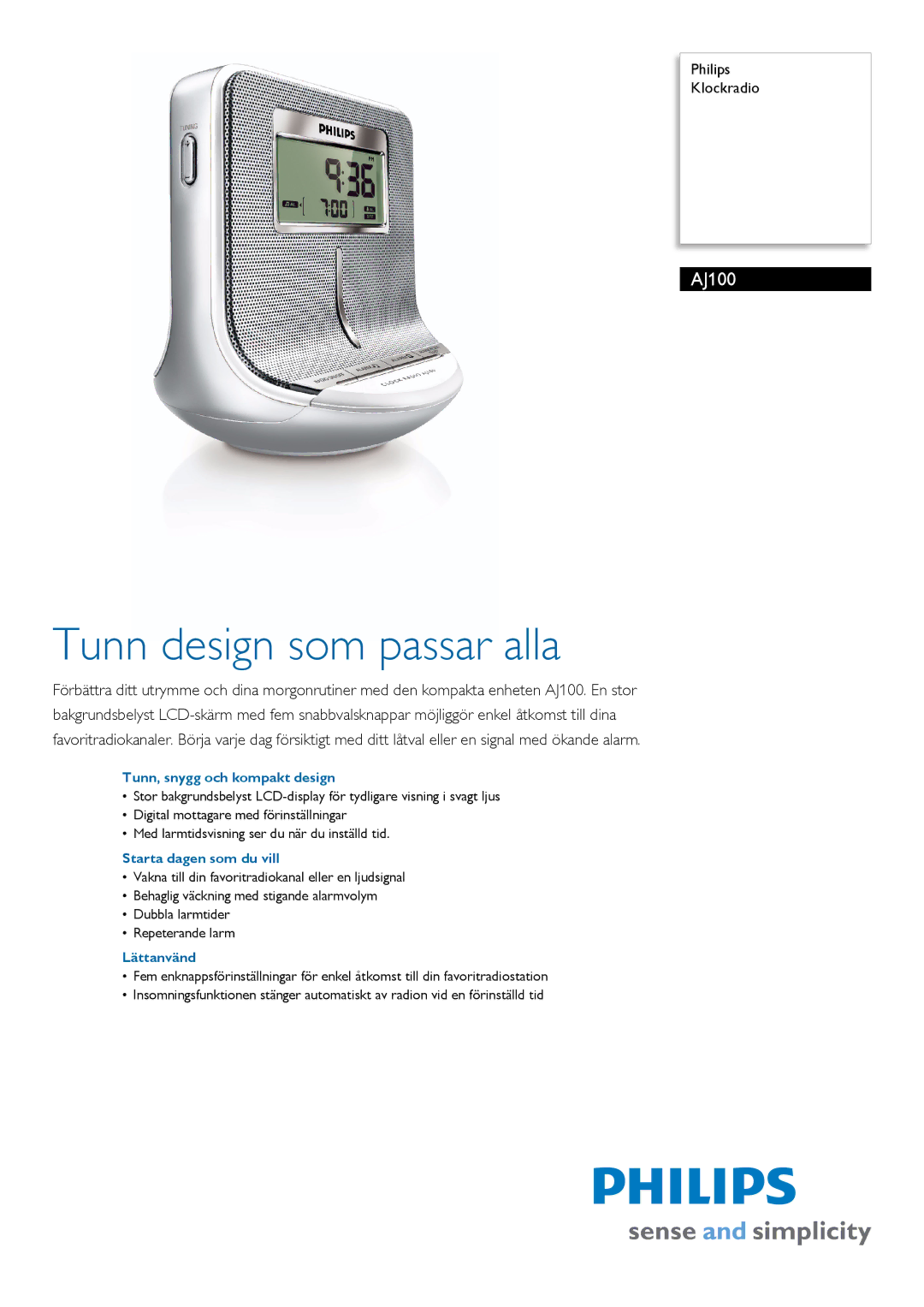 Philips AJ100 manual Tunn, snygg och kompakt design, Starta dagen som du vill, Lättanvänd 