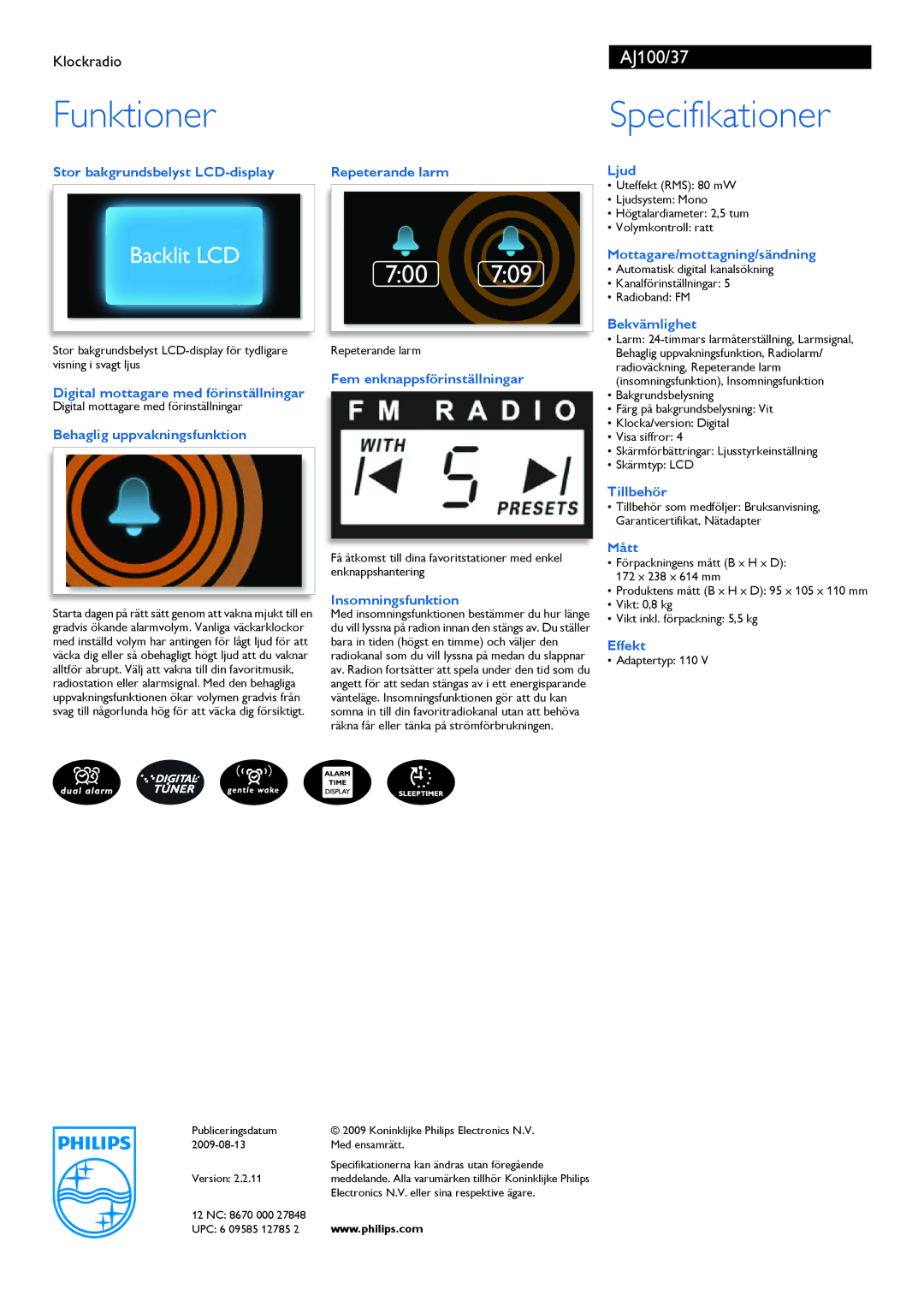 Philips AJ100 Stor bakgrundsbelyst LCD-display, Digital mottagare med förinställningar, Behaglig uppvakningsfunktion, Ljud 