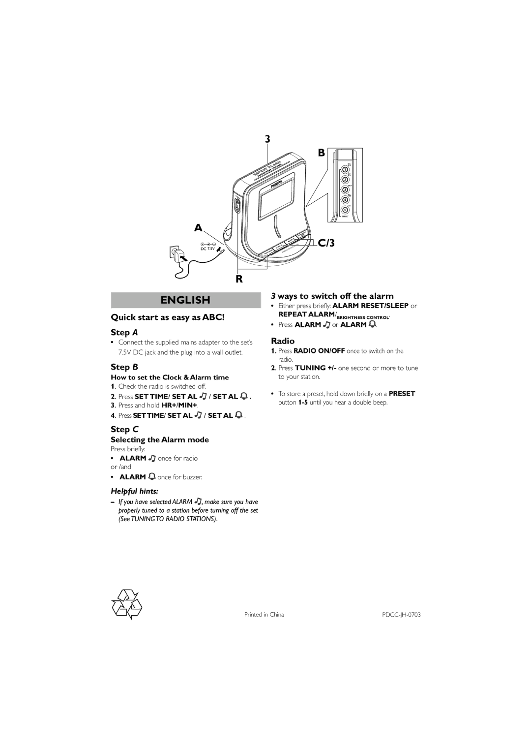 Philips AJ100 quick start Quick start as easy as ABC Step a, Step B, Step C, Ways to switch off the alarm, Radio 