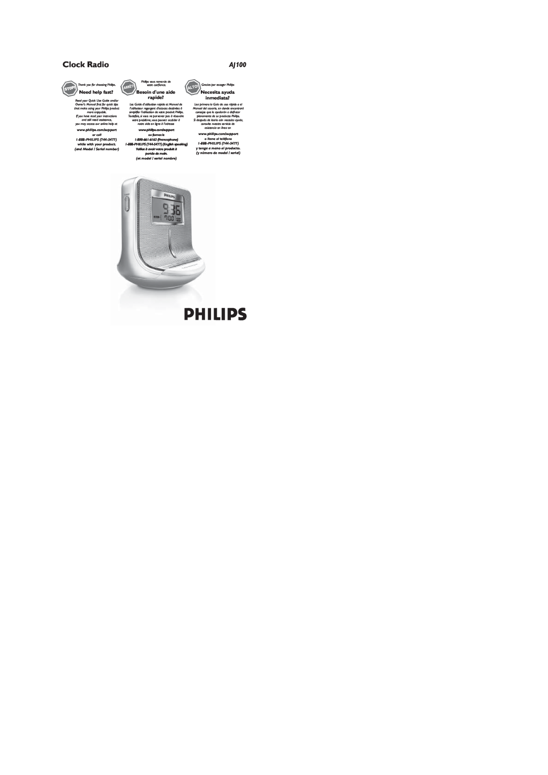 Philips AJ100 owner manual Clock Radio, Necesita ayuda inmediata?, Need help fast?, Besoin dune aide, rapide? 