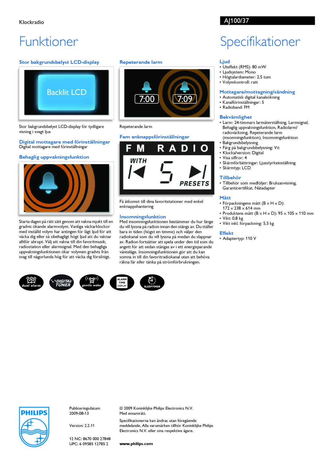 Philips manual AJ100/37, Funktioner, Specifikationer, Klockradio 