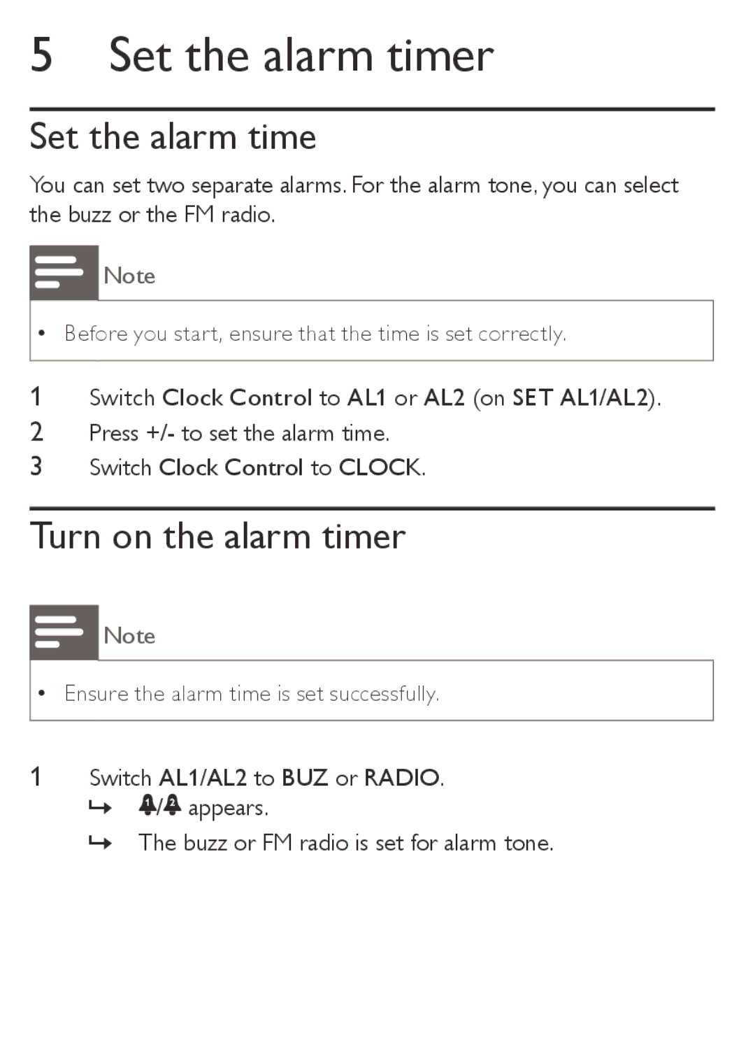 Philips AJ1000/12 user manual Set the alarm timer, Turn on the alarm timer 