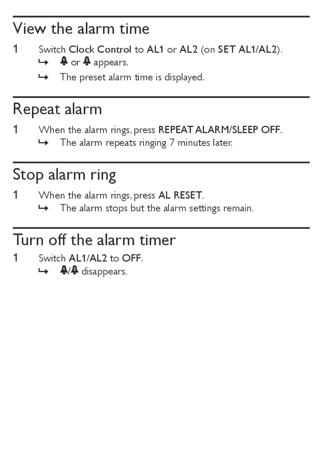 Philips AJ1000/12 user manual View the alarm time, Repeat alarm, Stop alarm ring, Turn off the alarm timer 