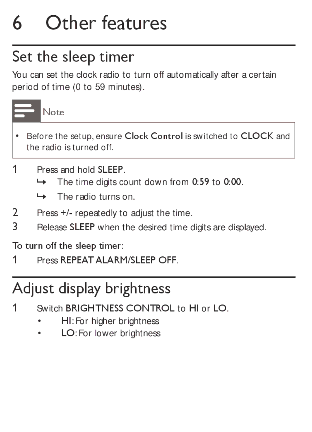 Philips AJ1000/12 user manual Other features, Set the sleep timer, Adjust display brightness 