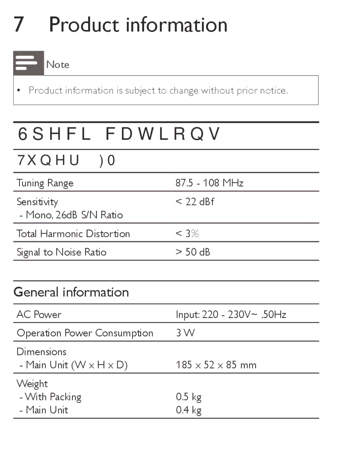 Philips AJ1000/12 user manual Product information, Specifications 