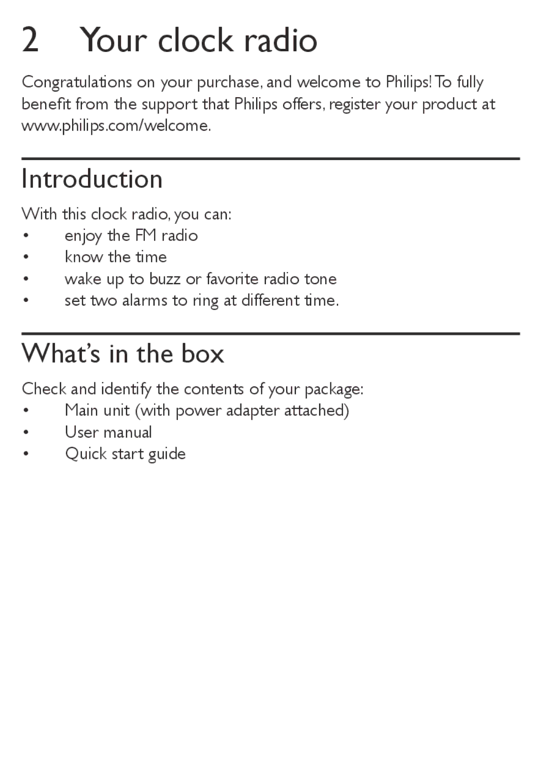 Philips AJ1000/12 user manual Your clock radio, Introduction, What’s in the box 