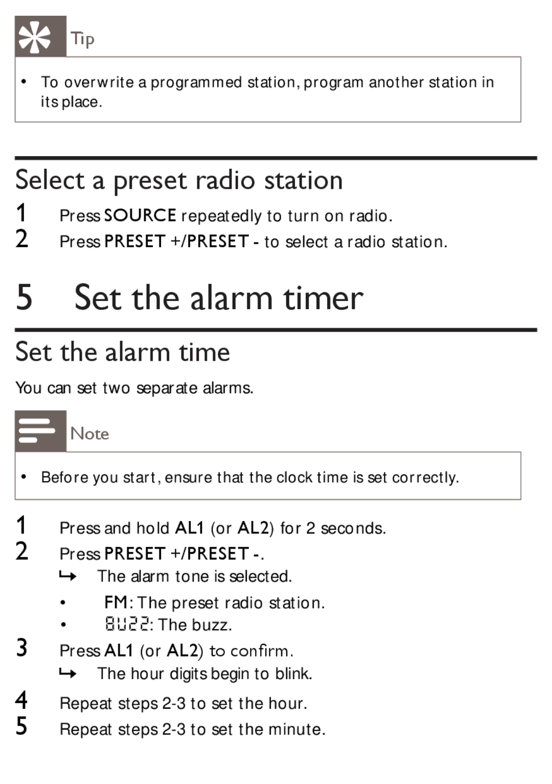 Philips AJ1003/12 user manual Set the alarm timer, Select a preset radio station 