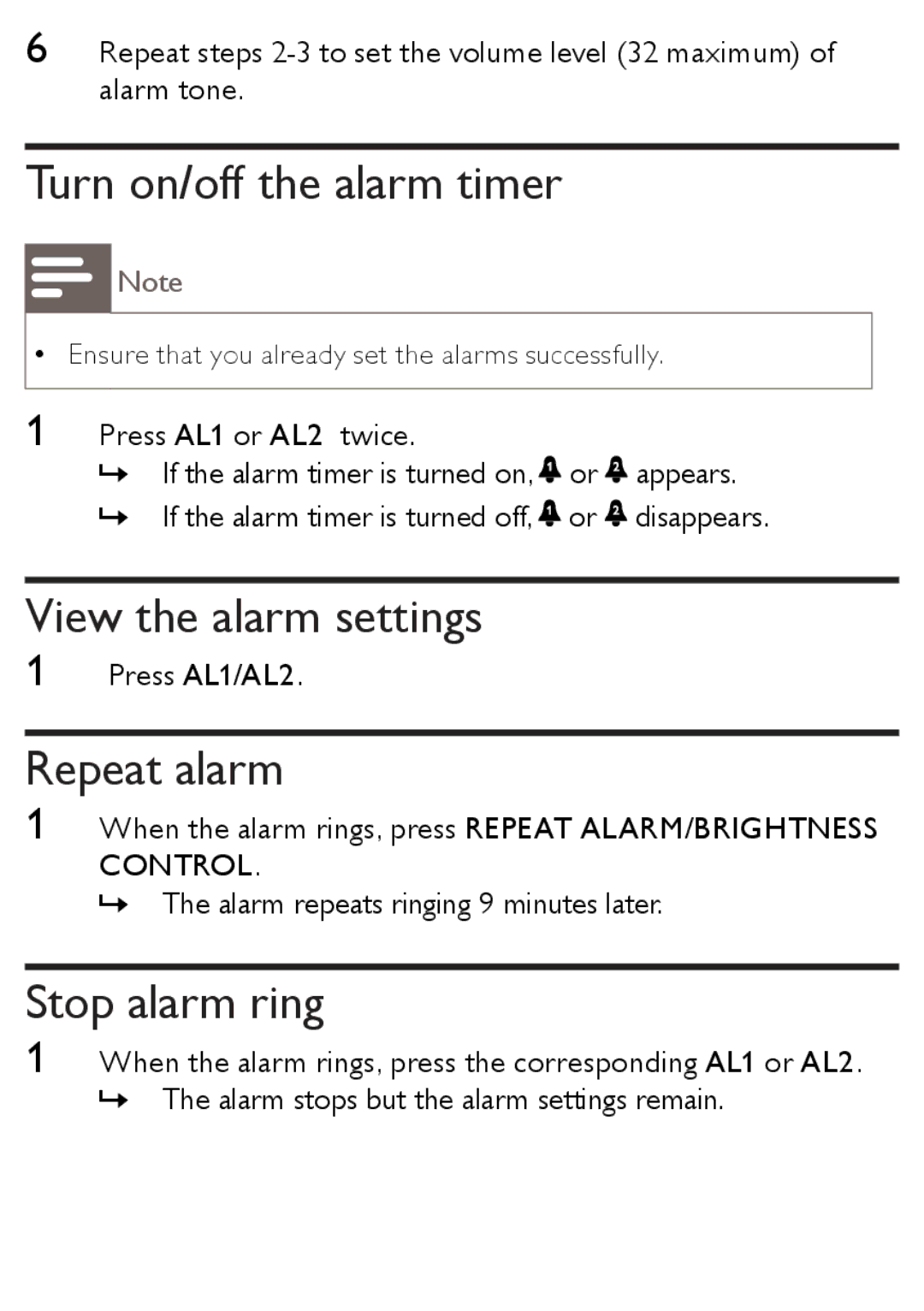 Philips AJ1003/12 user manual Turn on/off the alarm timer, View the alarm settings, Repeat alarm, Stop alarm ring 