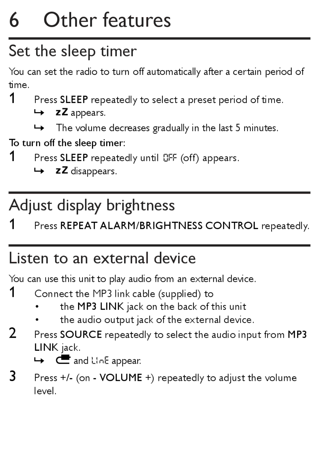 Philips AJ1003/12 user manual Other features, Set the sleep timer, Adjust display brightness, Listen to an external device 