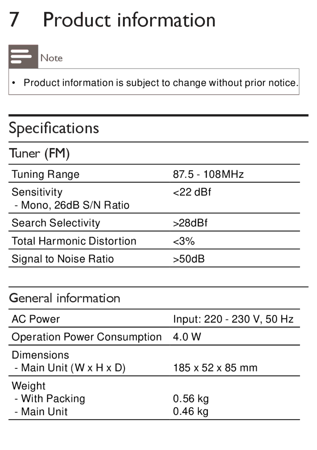 Philips AJ1003/12 user manual Product information, Specifications 