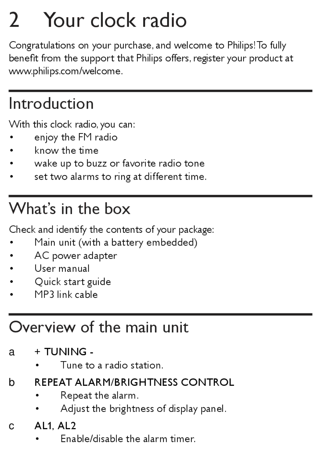 Philips AJ1003/12 user manual Your clock radio, Introduction, What’s in the box, Overview of the main unit 