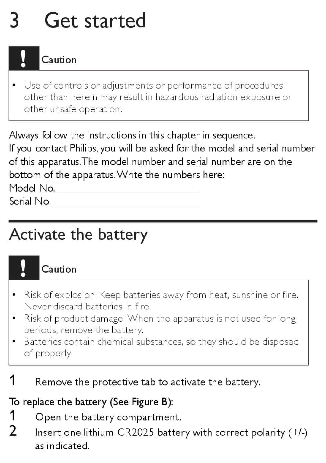 Philips AJ1003/12 user manual Get started, Activate the battery 