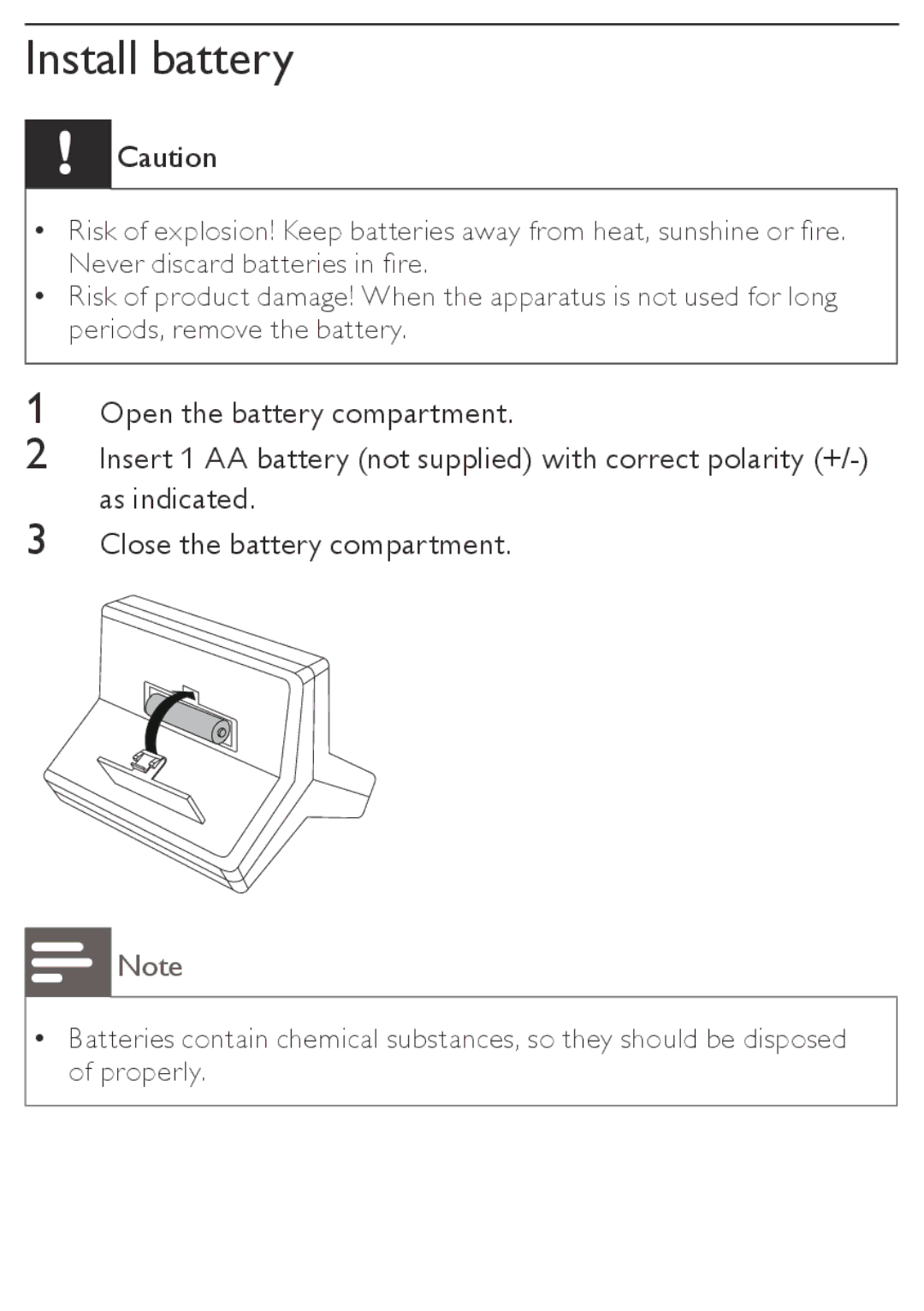 Philips AJ110/12 user manual Install battery 