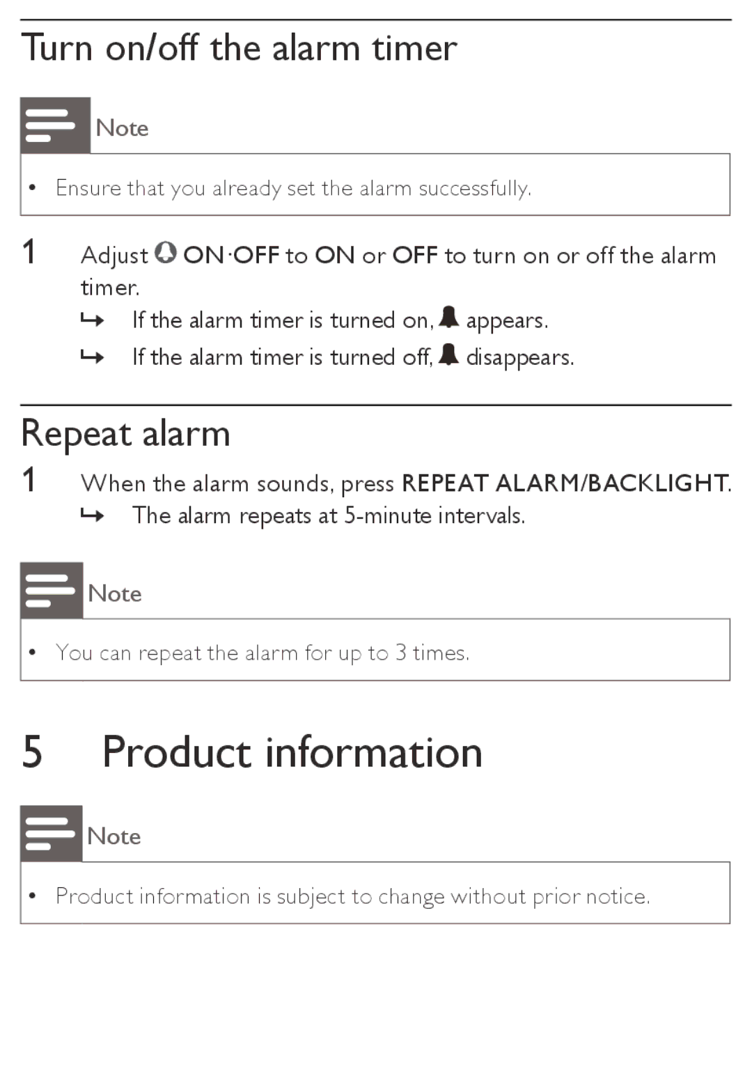 Philips AJ110/12 user manual Product information, Turn on/off the alarm timer, Repeat alarm 