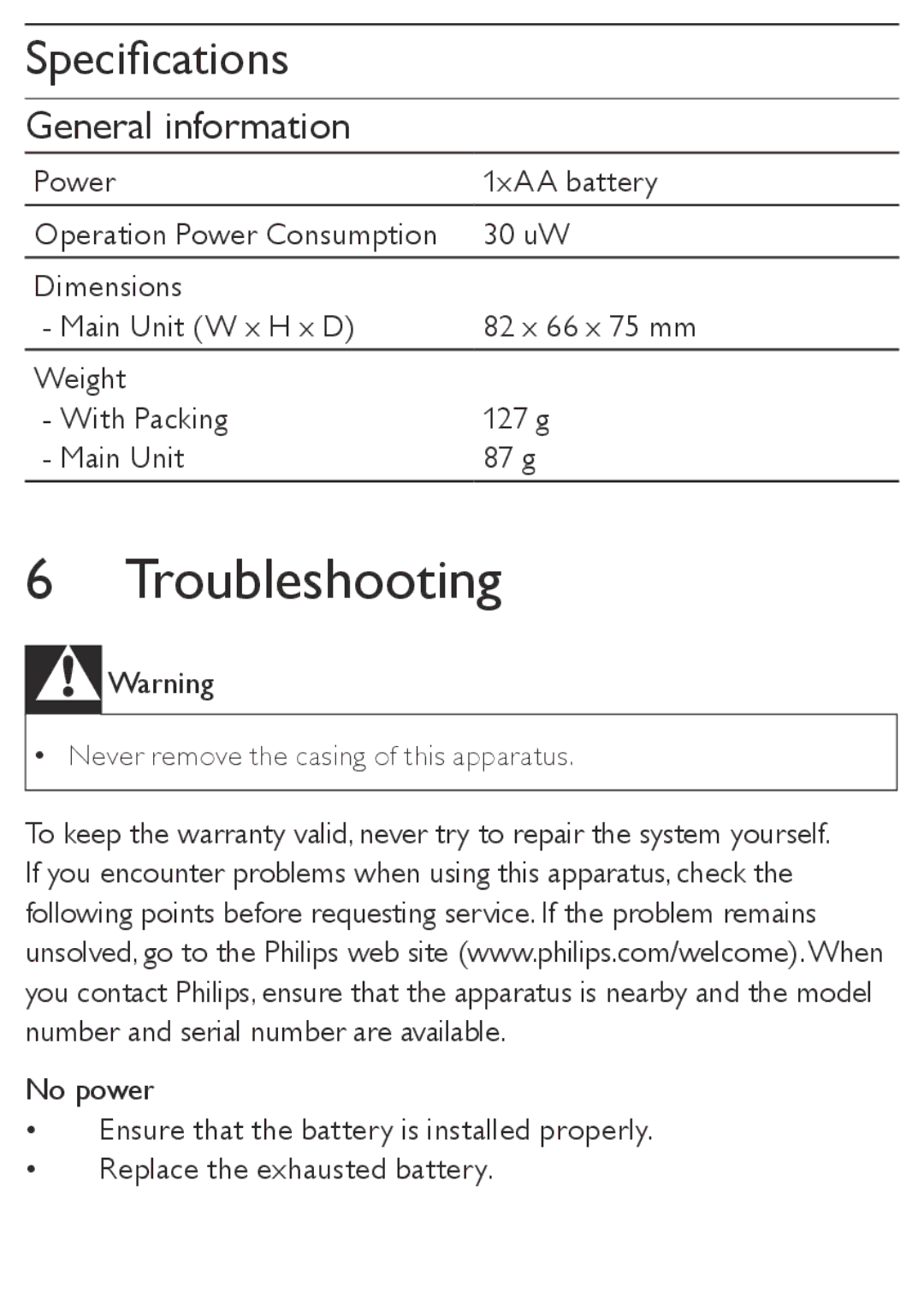 Philips AJ110/12 user manual Troubleshooting, Specifications 