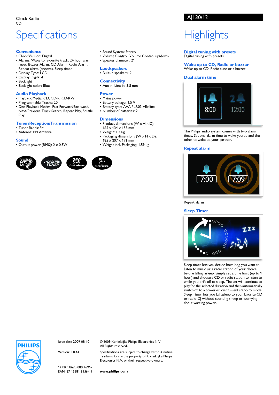 Philips AJ130/12 manual Specifications, Highlights 