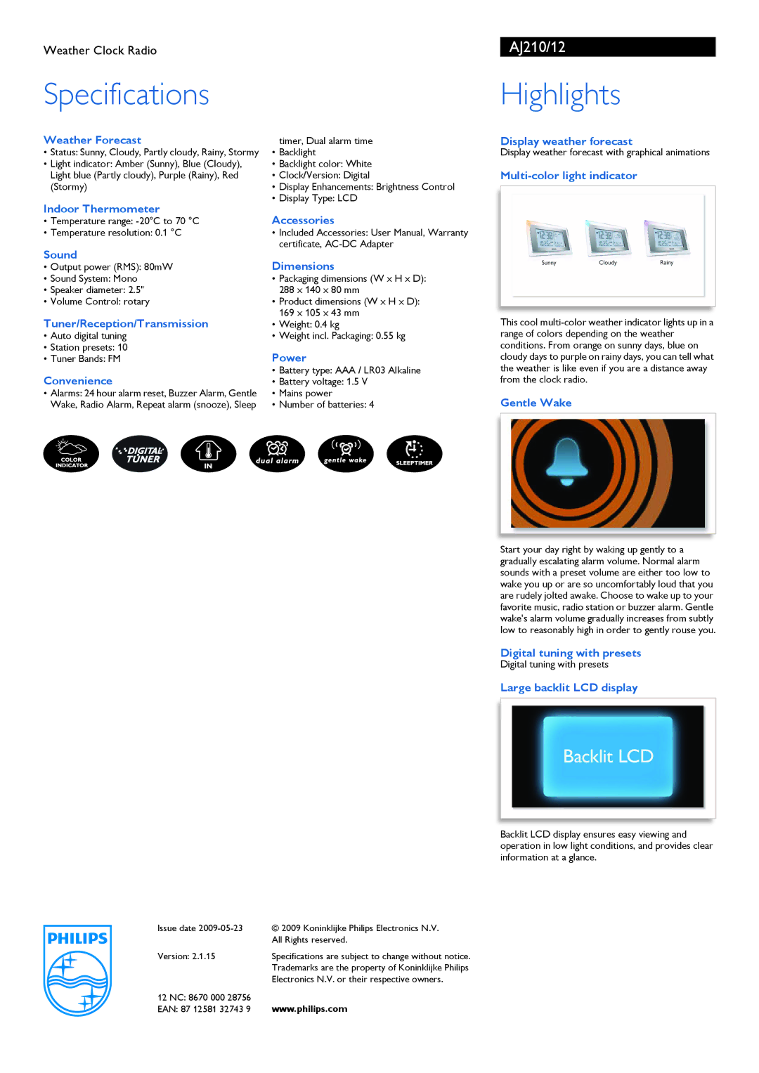 Philips AJ210/12 manual Specifications, Highlights 