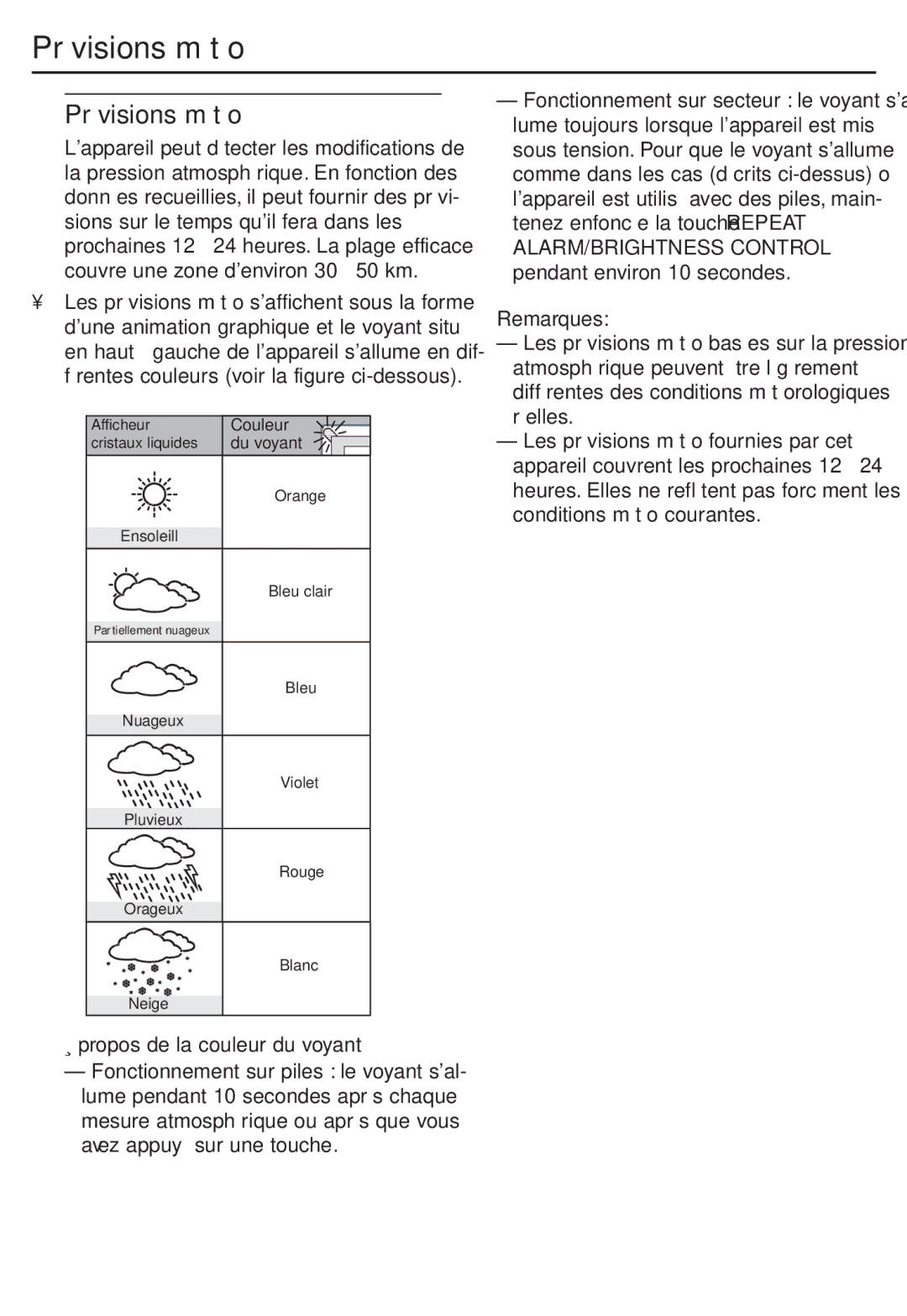 Philips AJ260 Prévisions météo, Propos de la couleur du voyant, ALARM/BRIGHTNESS Control pendant environ 10 secondes 