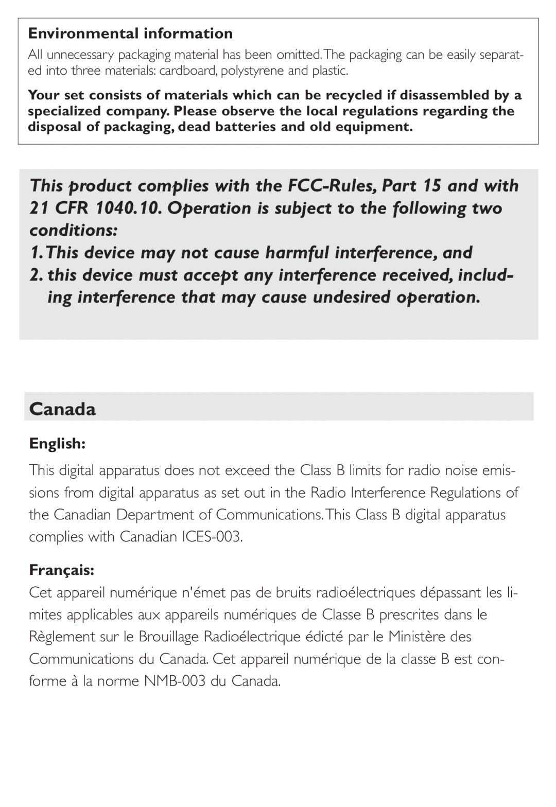 Philips AJ260 quick start Canada, Environmental information, English, Français 