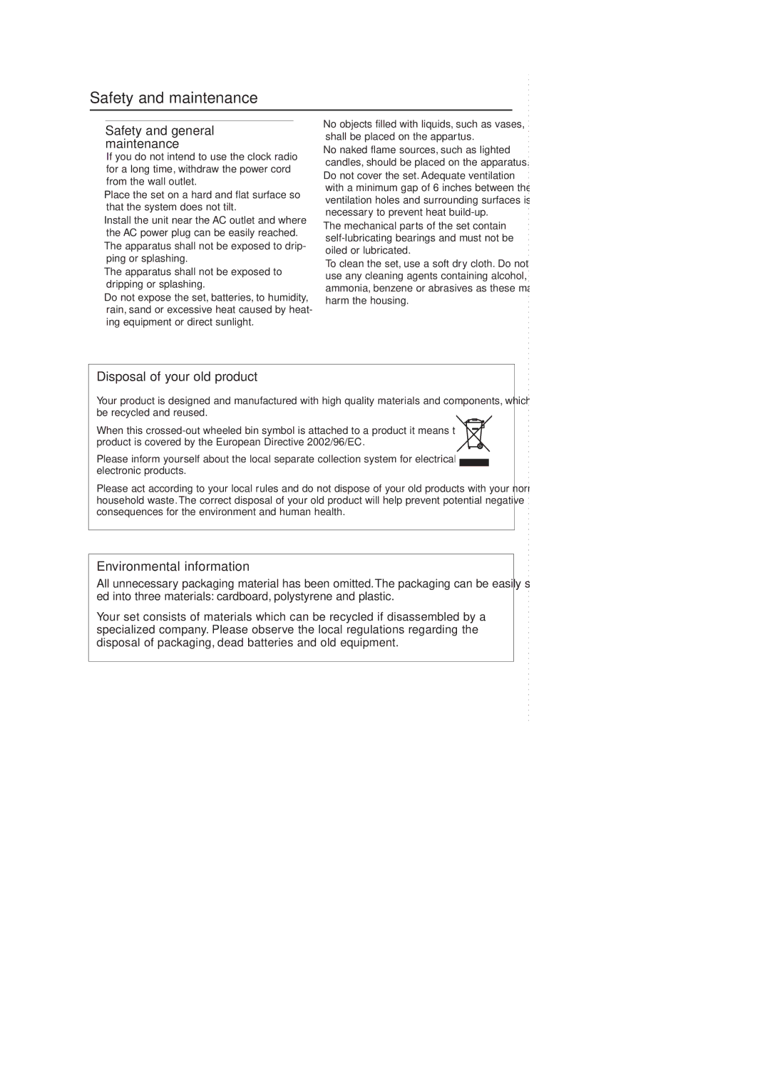 Philips AJ260 user manual Safety and maintenance, Disposal of your old product, Environmental information 