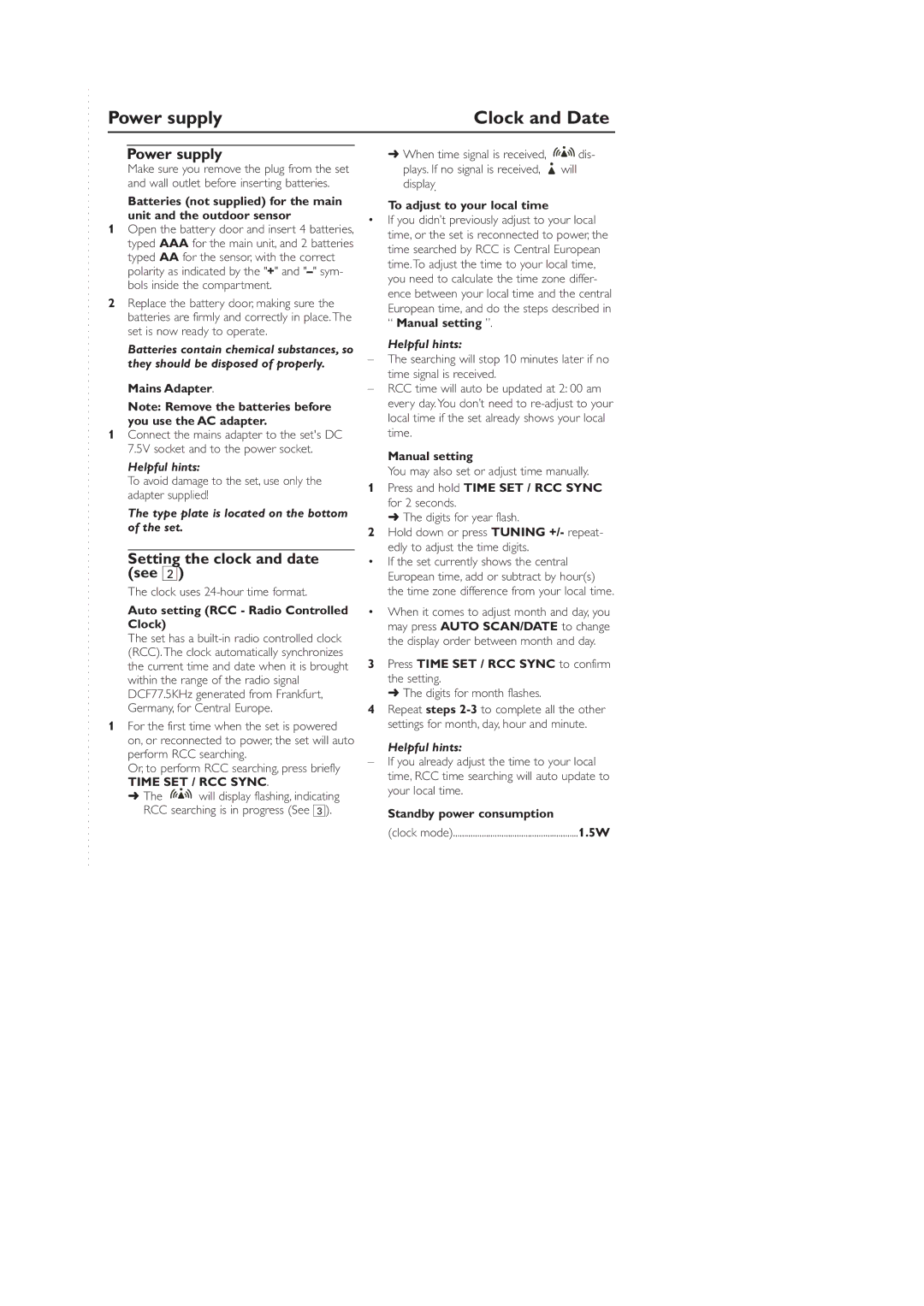 Philips AJ260 user manual Power supply Clock and Date, Setting the clock and date see, Time SET / RCC Sync 