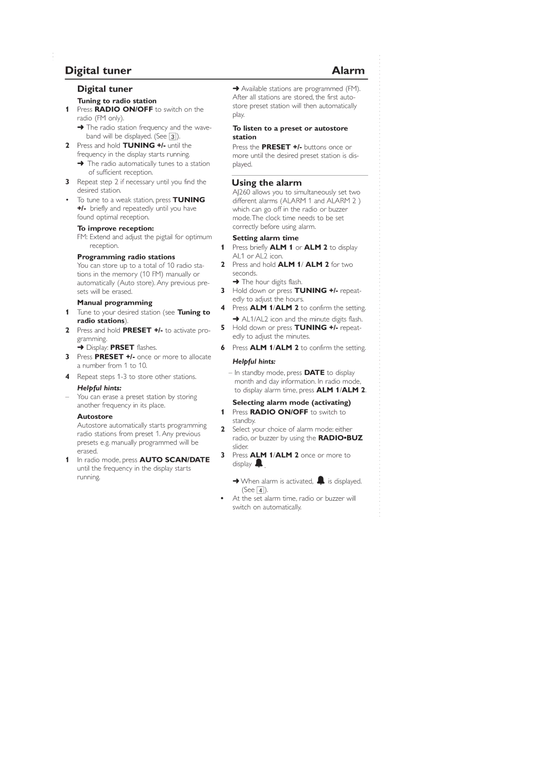 Philips AJ260 user manual Digital tuner Alarm, Using the alarm 