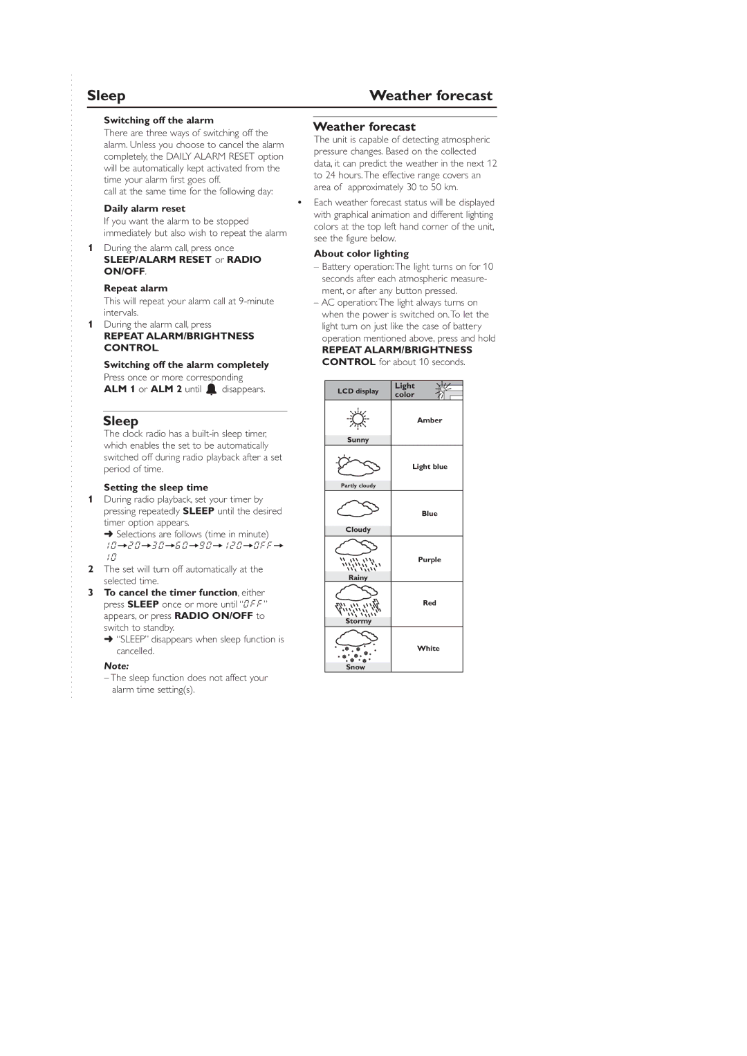 Philips AJ260 user manual Sleep Weather forecast 