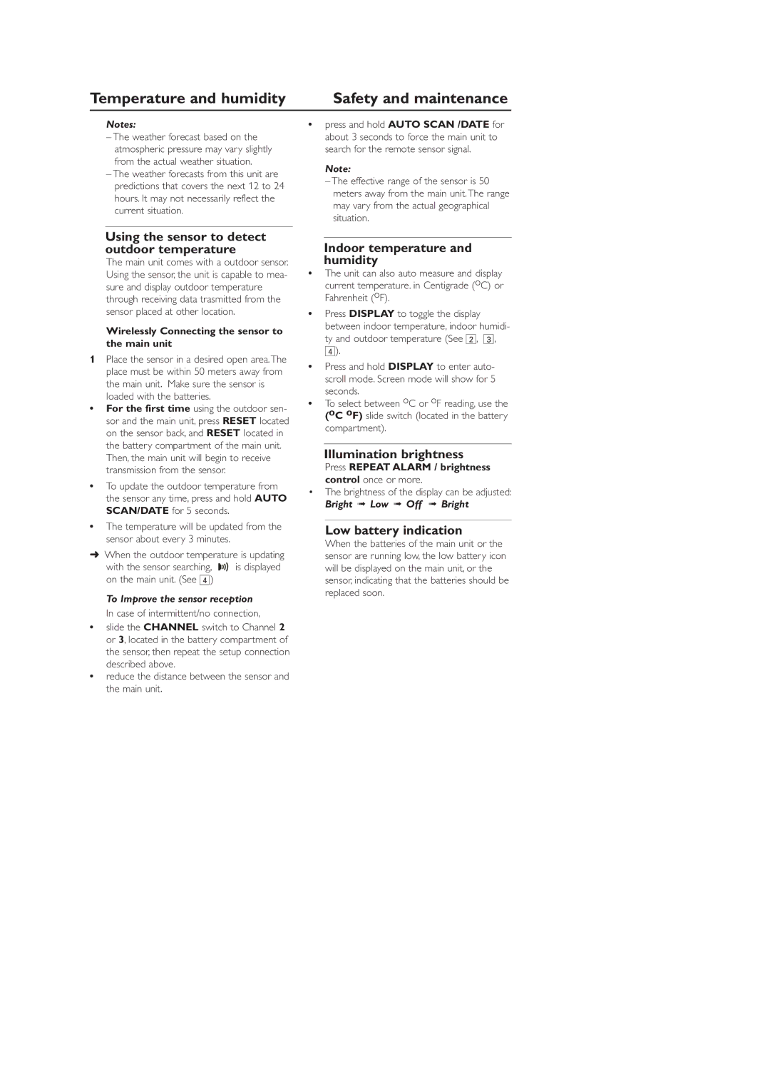 Philips AJ260 user manual Temperature and humidity, Safety and maintenance 