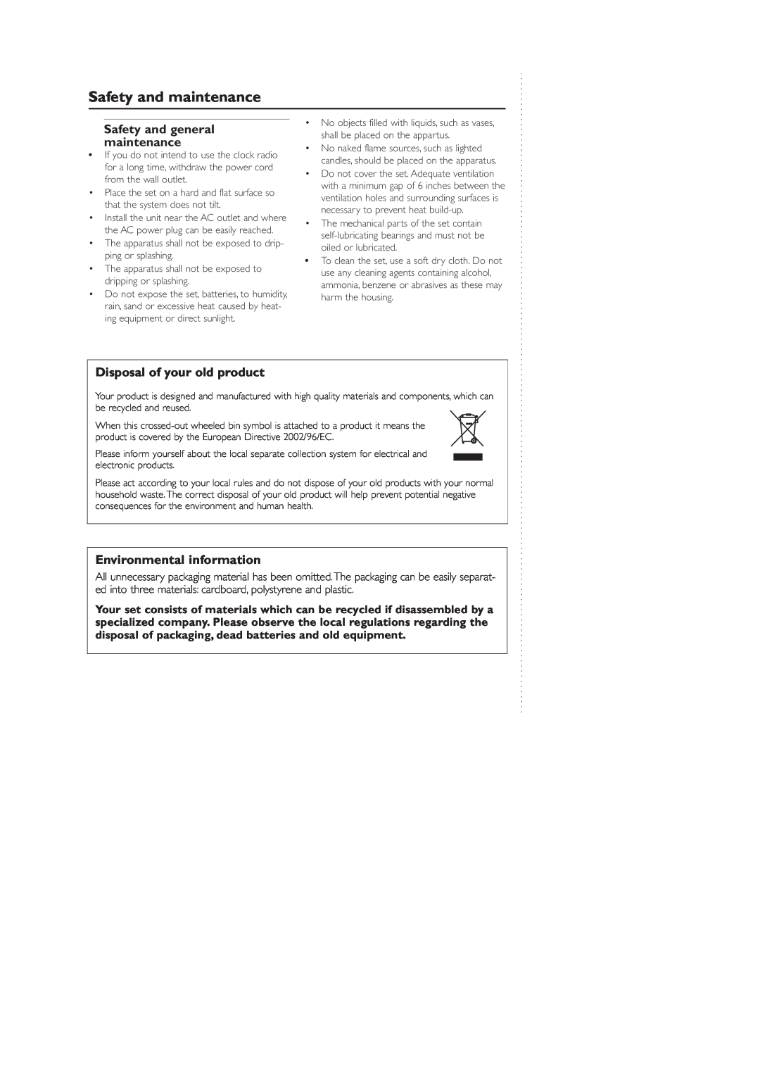 Philips AJ260 user manual Safety and maintenance, Disposal of your old product, Environmental information 
