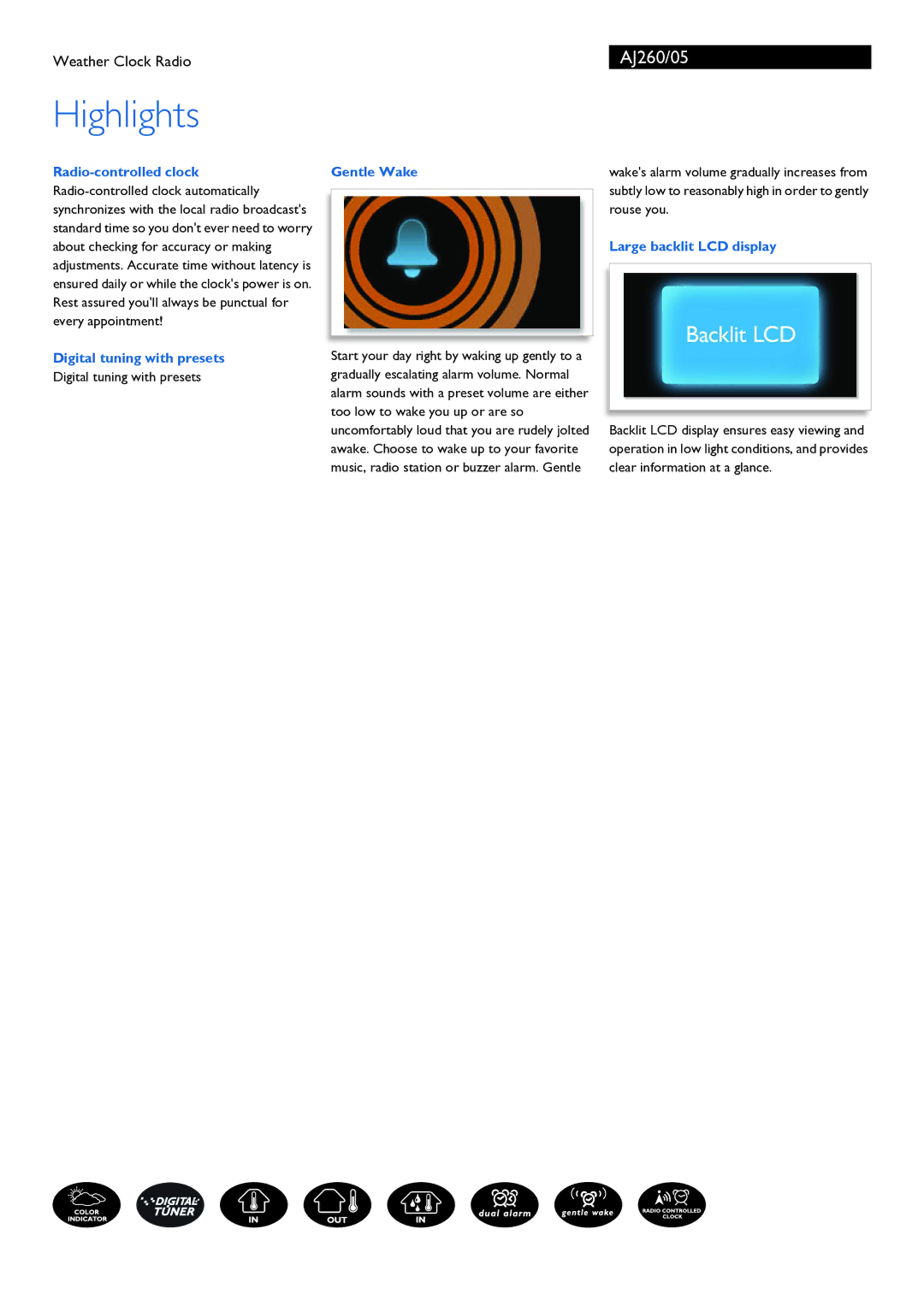 Philips AJ260/05 manual Highlights, Digital tuning with presets, Gentle Wake, Large backlit LCD display 