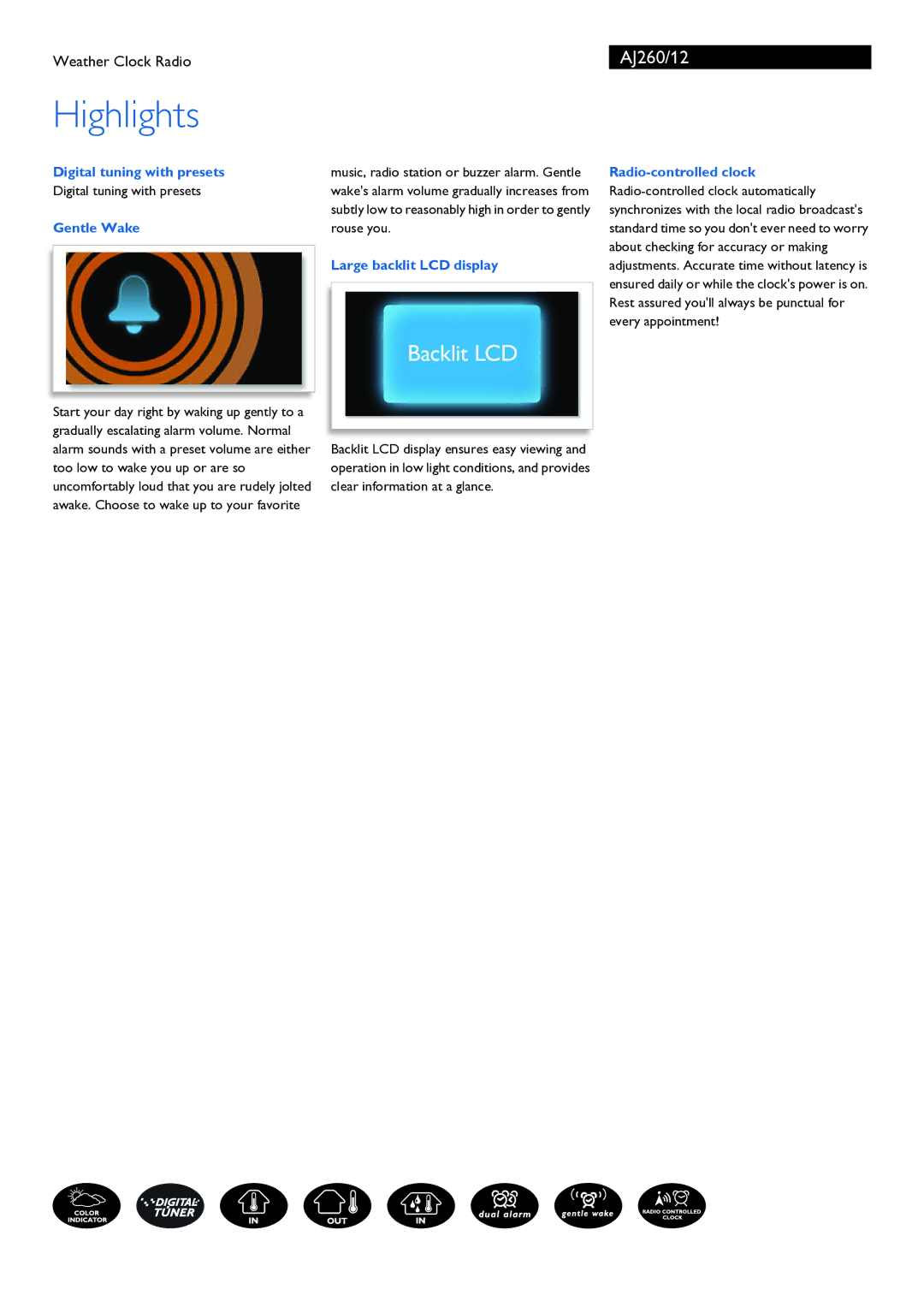 Philips AJ260/12 manual Highlights, Digital tuning with presets, Gentle Wake, Large backlit LCD display 