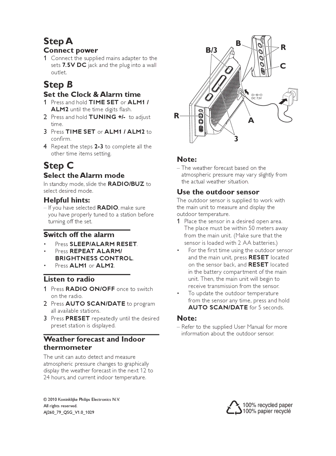 Philips AJ260/79 quick start Step a, Step B, Step C 