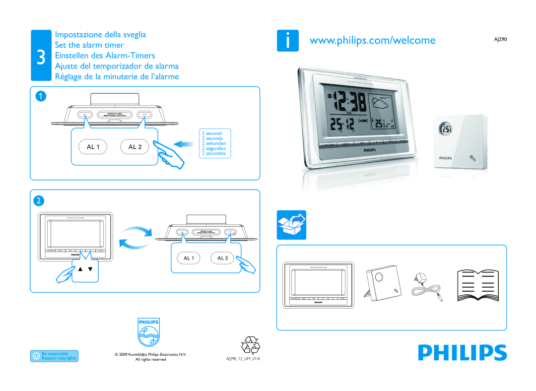 Philips AJ290/12 manual Impostazione della sveglia Set the alarm timer, Secondi Seconds Sekunden Segundos Secondes 