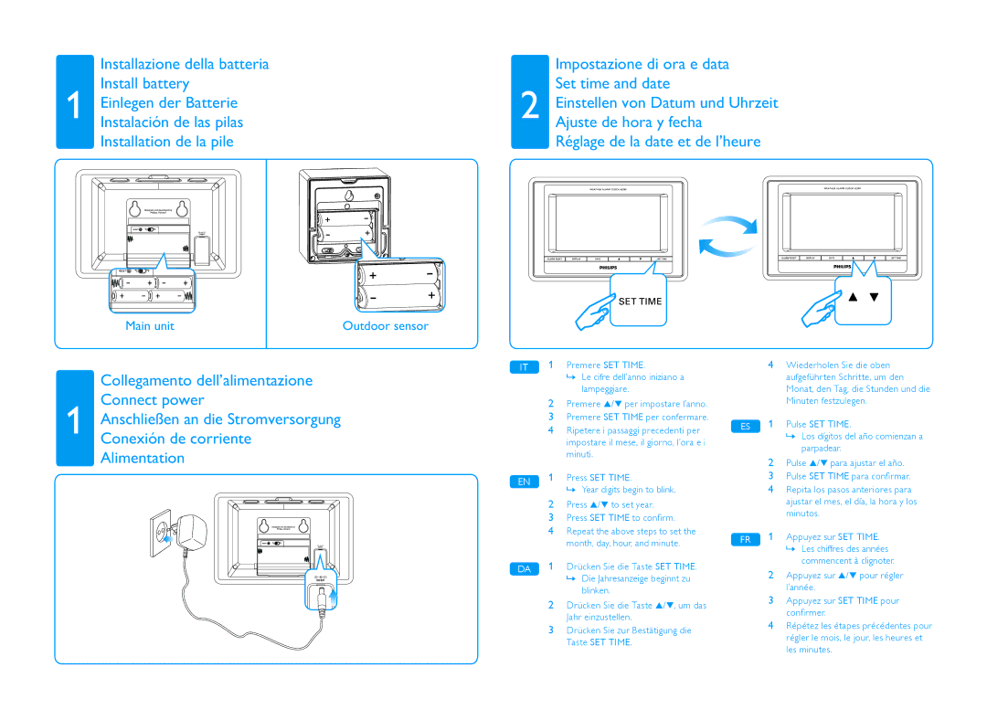 Philips AJ290/12 manual Premere SET Time, Lampeggiare, Press 3/4 to set year Press SET Time to confirm, Blinken 