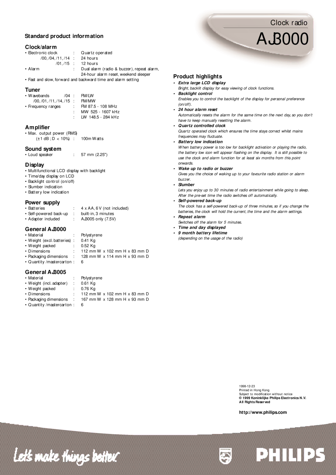 Philips AJ3000 manual Standard product information Clock/alarm, Tuner, Amplifier, Sound system, Display, Power supply 