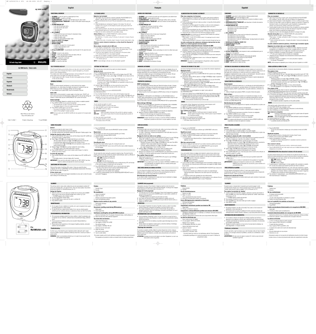 Philips AJ 3000 Family manual UP 7, Down, Socket for AC/DC 7.5 V adapter, Prise pour adaptateur AC/DC, Battery compartment 