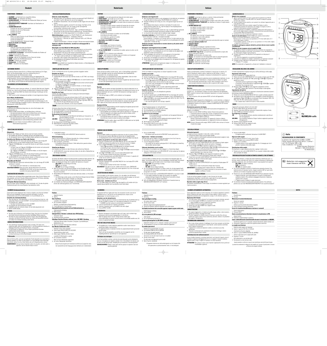 Philips AJ3005 manual Aansluitbus voor AC/DC 7,5 V-adapter, Batterijvak, Presa per adattatore AC/DC 7.5, Comparto batterie 