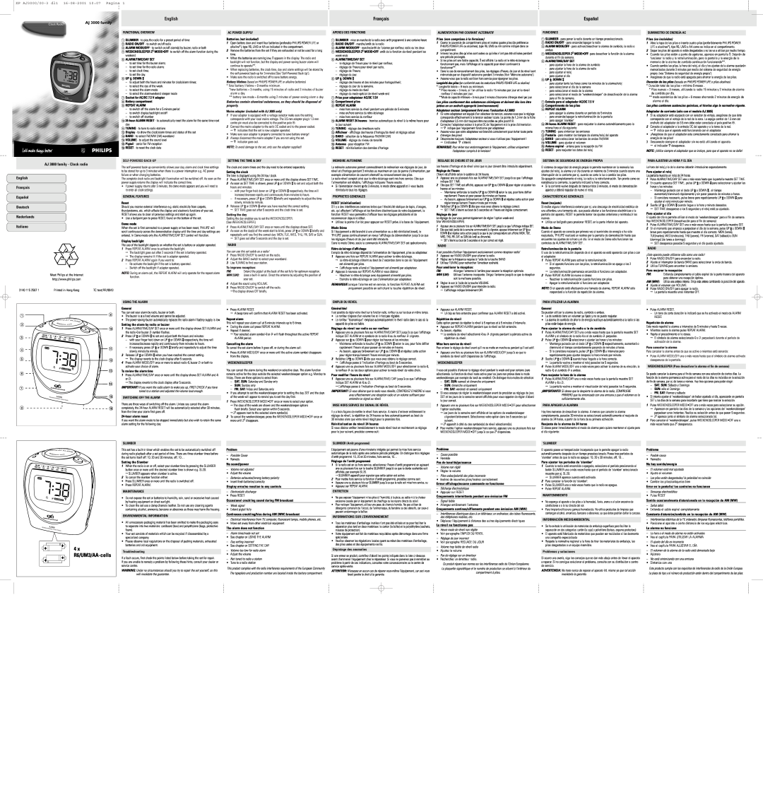 Philips AJ 3000 Family manual English, Français, Español, 4 x R6/UM3/AA-cells, XP AJ3000/00-3 dl1 16-08-2001 1007 Pagina 