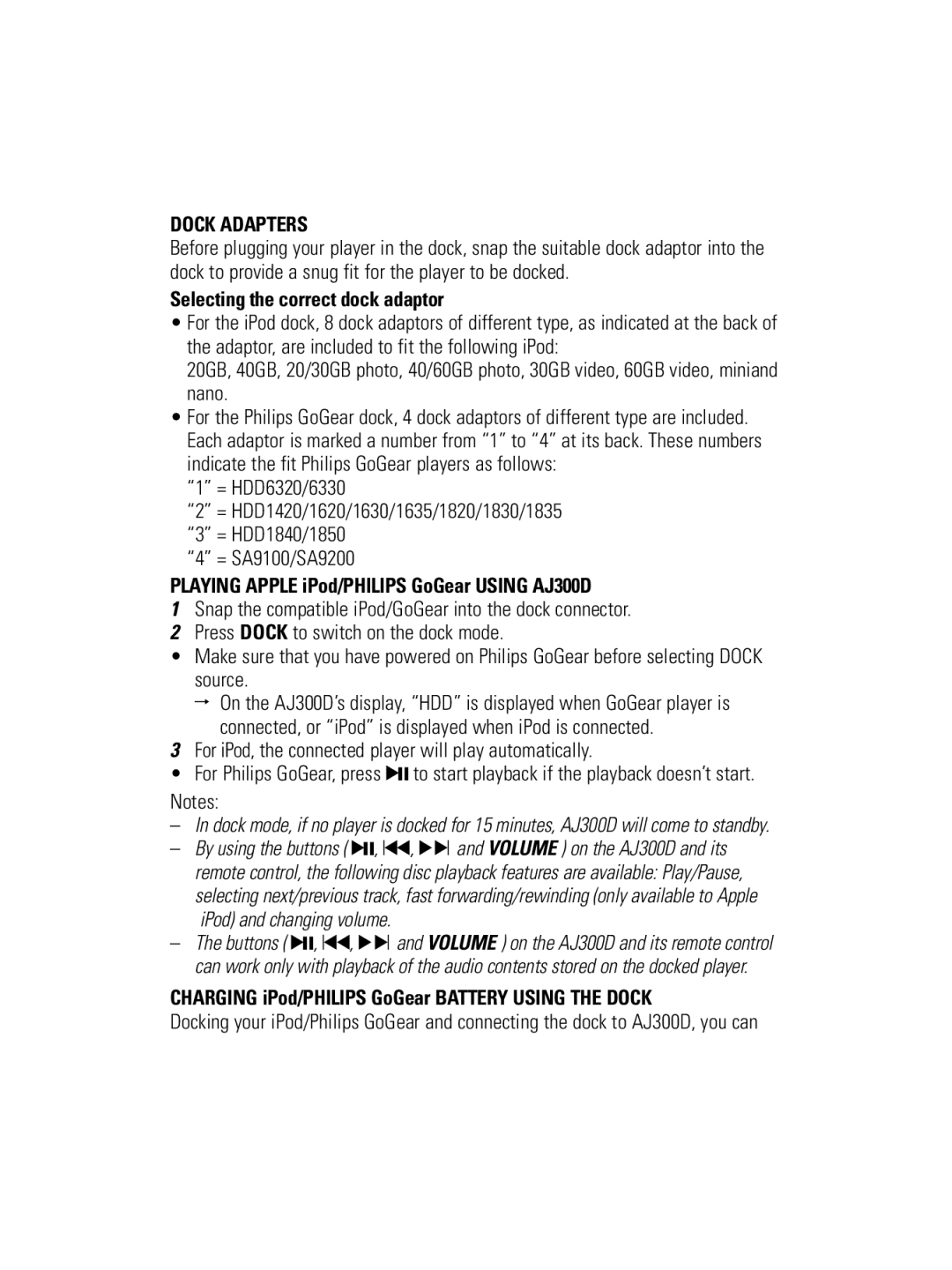 Philips user manual Dock Adapters, Selecting the correct dock adaptor, Playing Apple iPod/PHILIPS GoGear Using AJ300D 