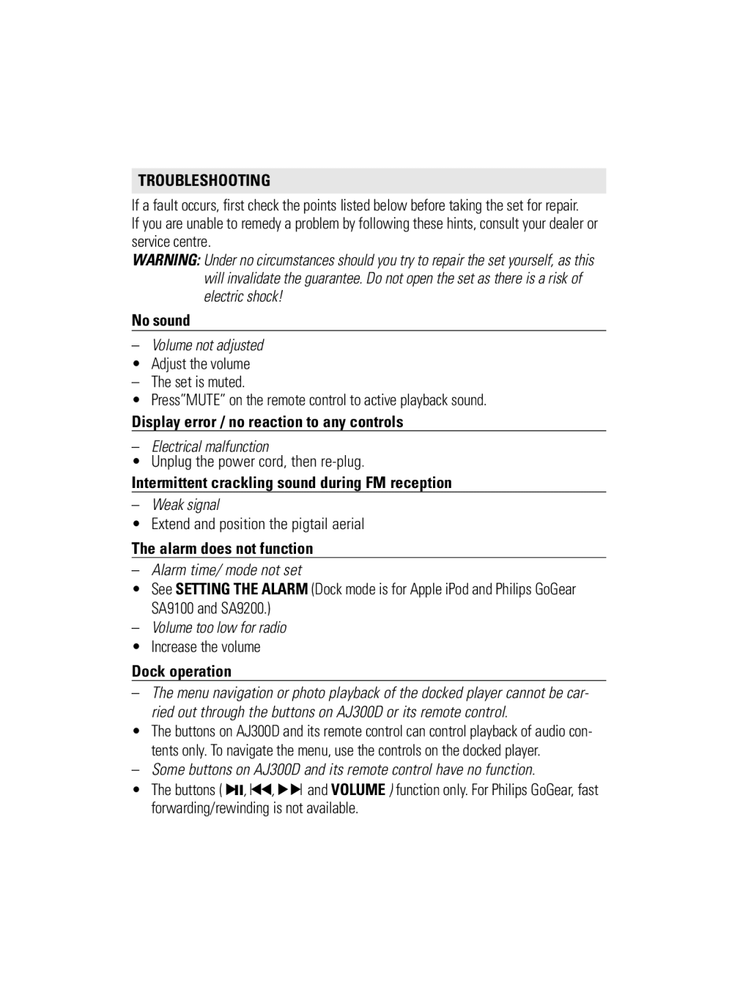 Philips AJ300D user manual Troubleshooting 