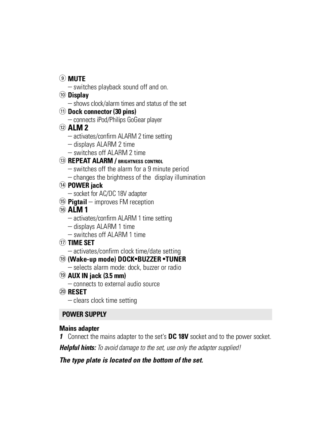 Philips AJ300D user manual Mute, Time SET, Reset, Power Supply 