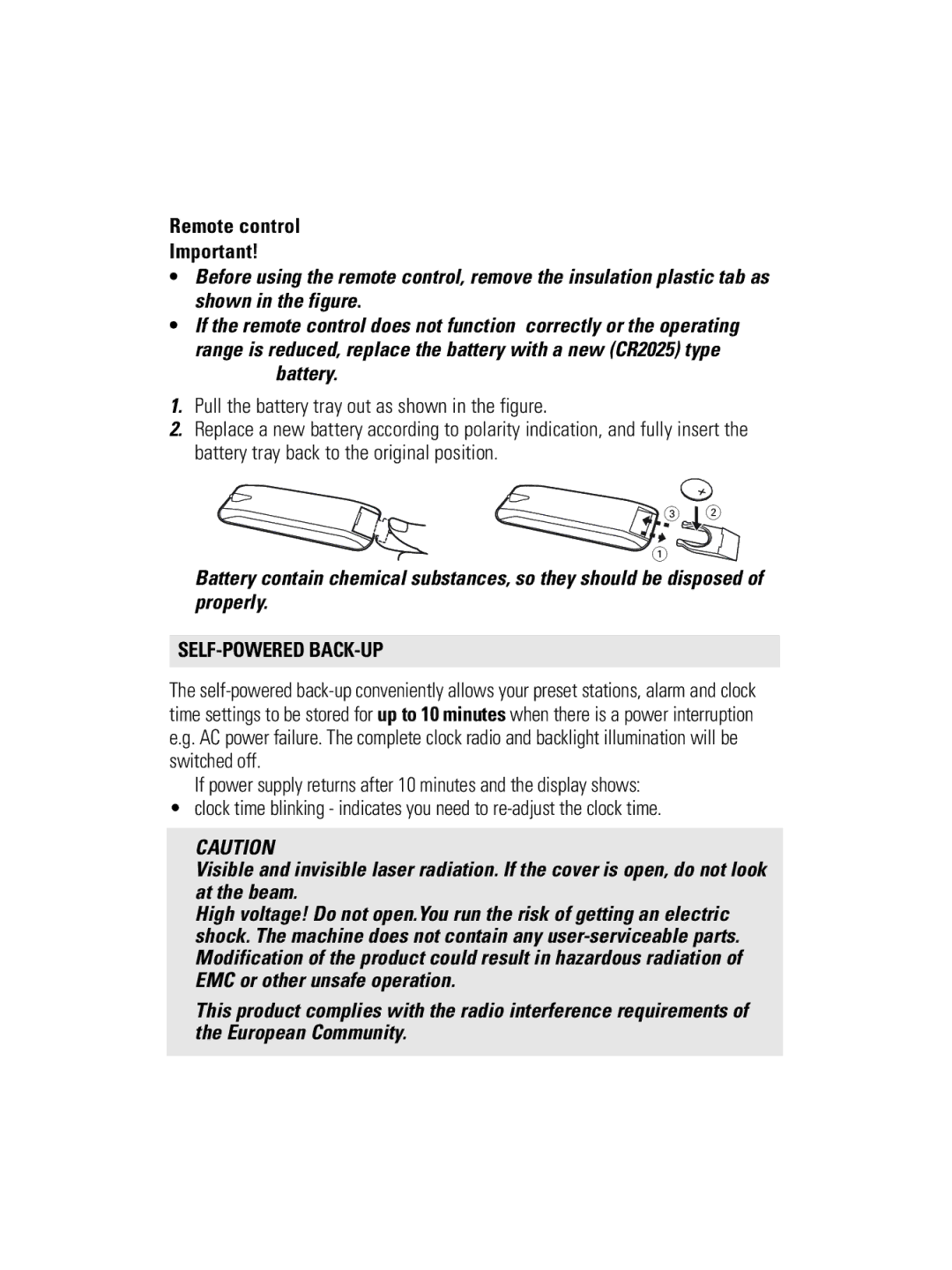 Philips AJ300D user manual Remote control, Self-Powered Back-Up 