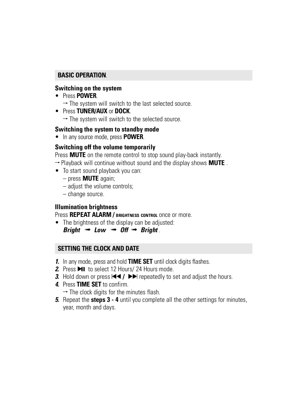 Philips AJ300D user manual Basic Operation, Setting the Clock and Date 