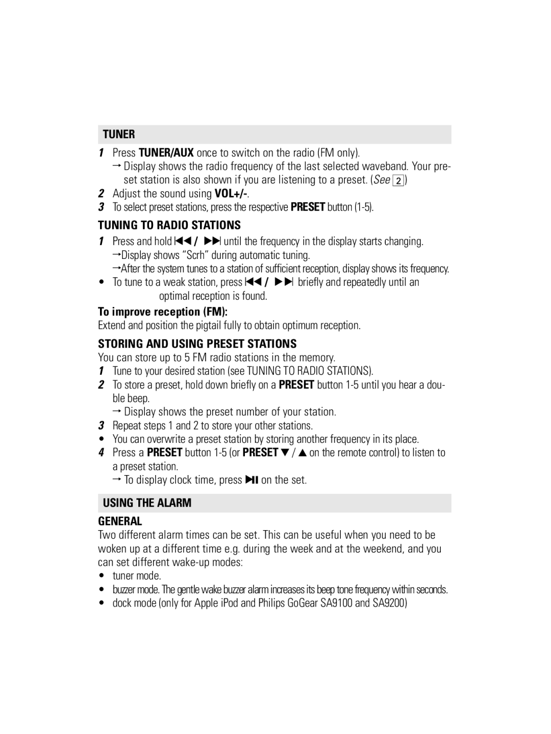 Philips AJ300D user manual Tuner, Tuning to Radio Stations, To improve reception FM, Storing and Using Preset Stations 