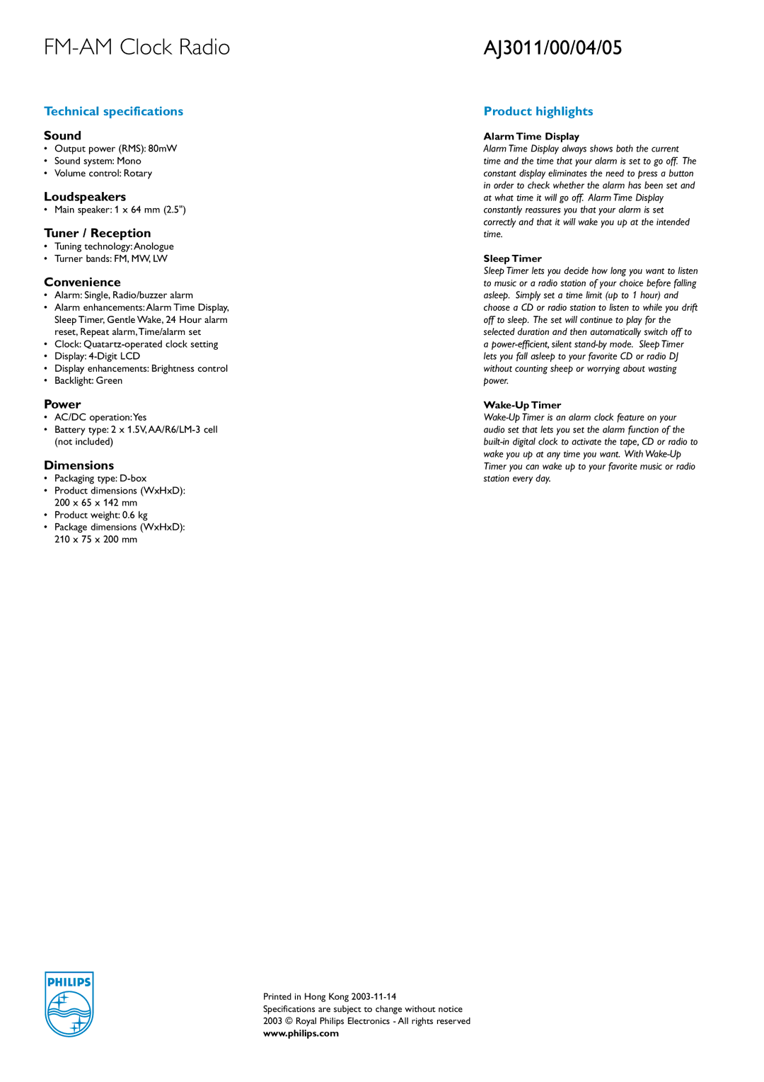 Philips AJ3011/04, AJ3011/05, AJ3011/00 manual Technical specifications, Product highlights 