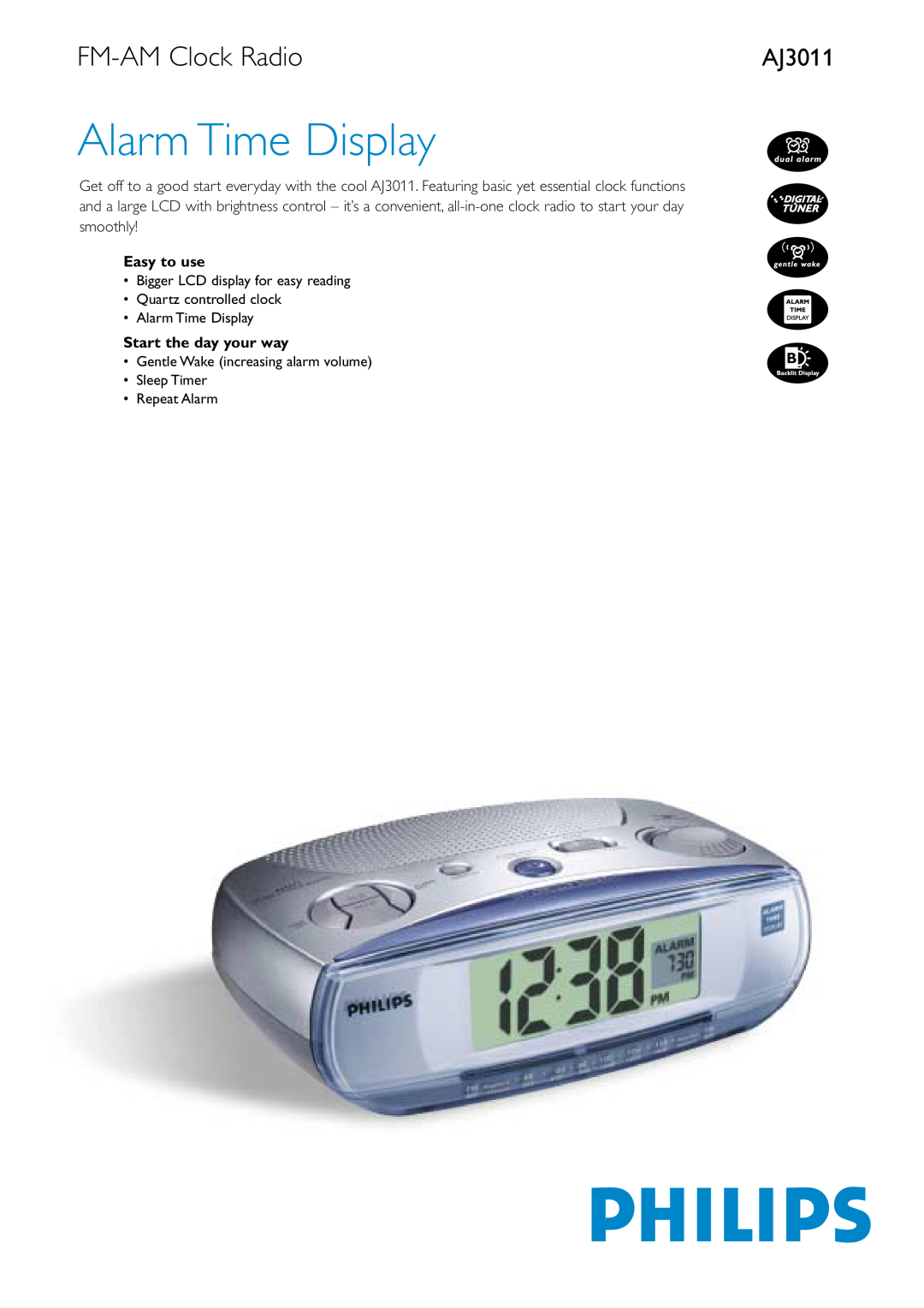 Philips AJ3011/00, AJ3011/05, AJ3011/04 manual FM-AM Clock Radio, Easy to use, Start the day your way, Alarm Time Display 
