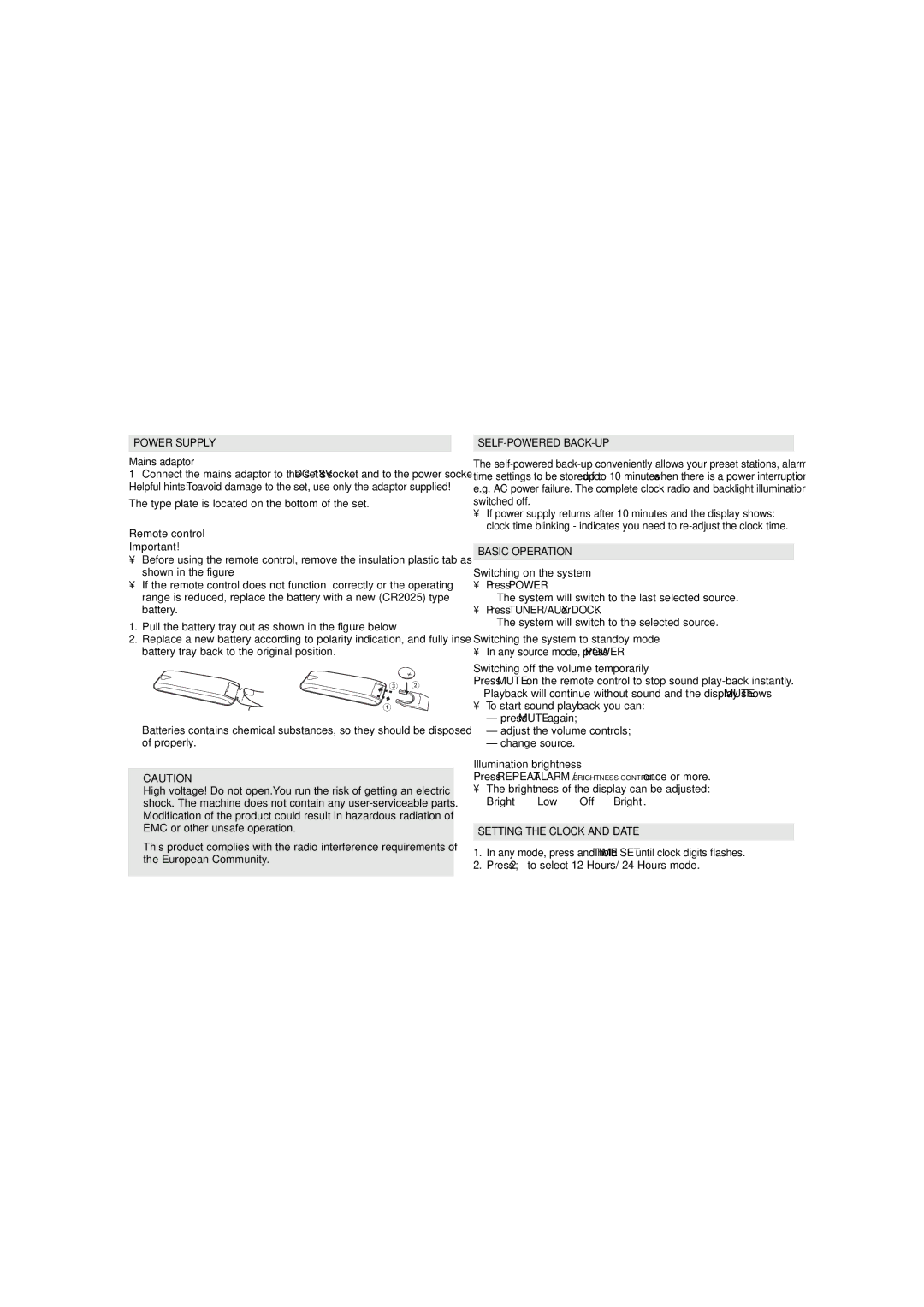 Philips AJ301DB/12 user manual Power Supply, Self-Powered Back-Up, Basic Operation, Setting the Clock and Date 