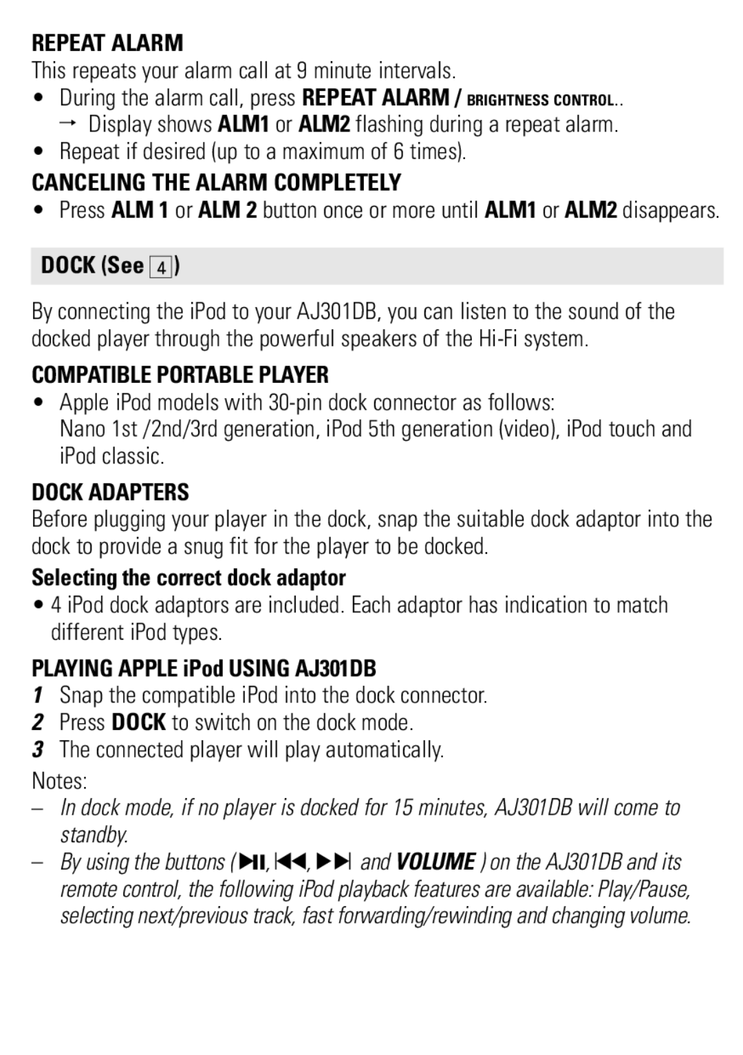 Philips AJ301DB/79 user manual Repeat Alarm, Canceling the Alarm Completely, Compatible Portable Player, Dock Adapters 