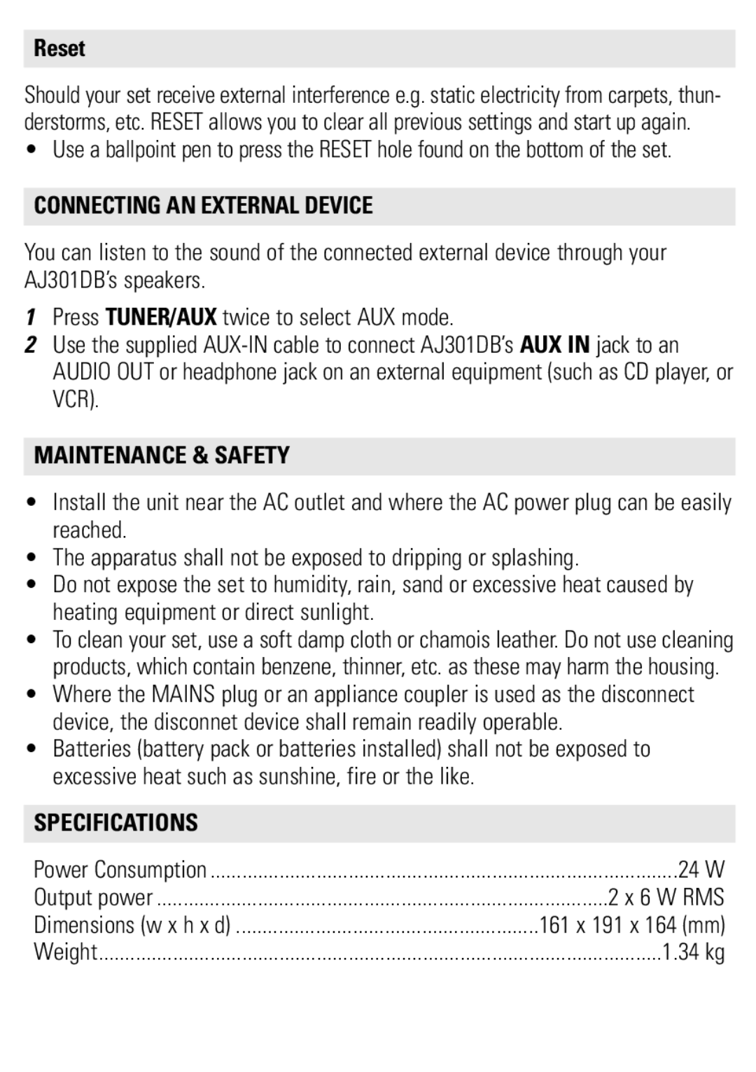 Philips AJ301DB/79 user manual Reset, Connecting AN External Device, Maintenance & Safety, Specifications 